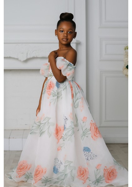 Kız Çocuk,çiçekli Organze Kuyruklu Abiye Mezuniyet Elbise,5-14 Yaş