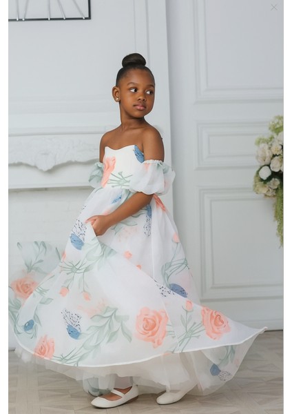 Kız Çocuk,çiçekli Organze Kuyruklu Abiye Mezuniyet Elbise,5-14 Yaş fiyatları
