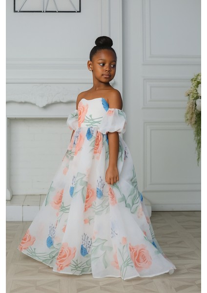 Kız Çocuk,çiçekli Organze Kuyruklu Abiye Mezuniyet Elbise,5-14 Yaş modelleri