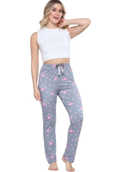 Pijama Altı Modal Ring Viskon Kumaş Kalp Desenli-Gri