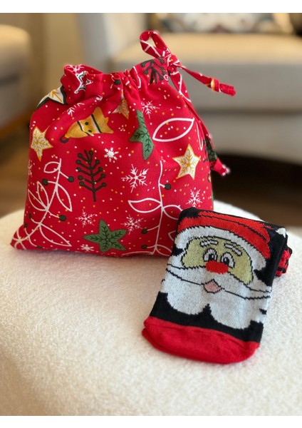 Noel Temalı Keten Kese ve Çizgili Unisex Yılbaşı Çorap Seti fiyatları