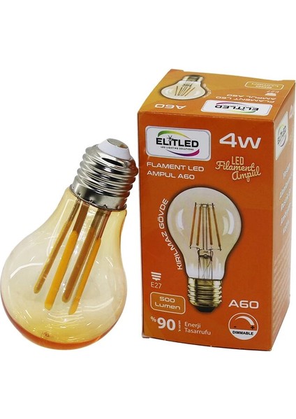 Elitled A-60 4W - E27 Gold Color Flament LED Rustik Ampul 500LUMEN Kırılmaz Gövde (5148)