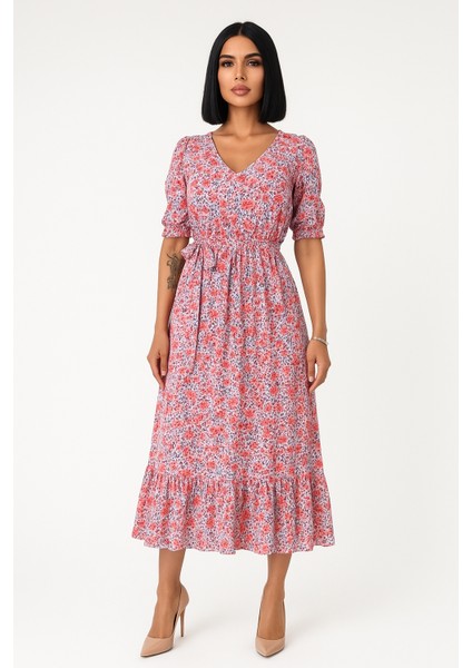 Çiçek Desenli Yırtmaçlı Elbise - Pembe fiyatları