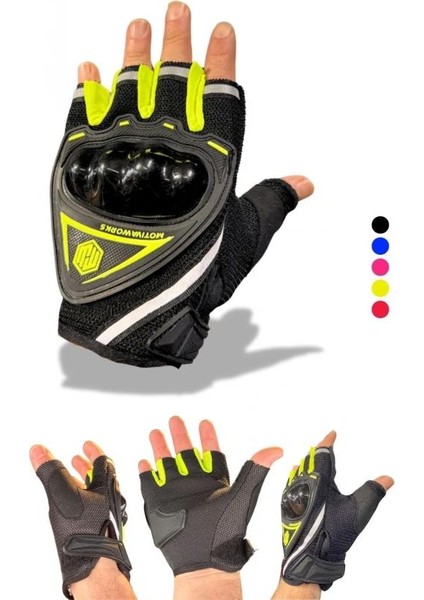 Neon Yeşili Yarım Eldiven Kısa Taktik Spor Reflektörlü Motosiklet Bisiklet Eldiveni Xl Beden