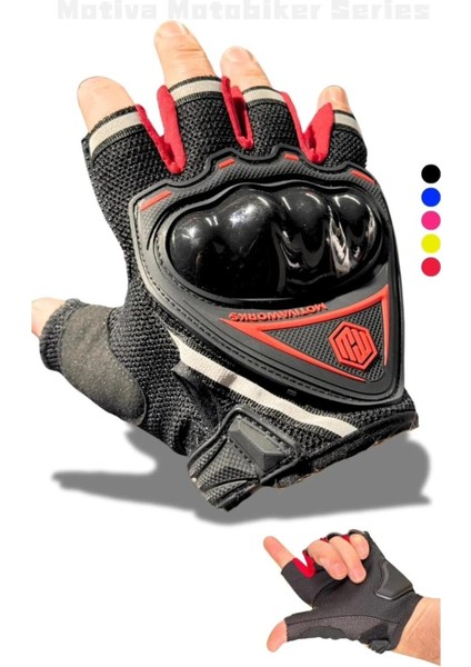 Kırmızı Yarım Eldiven Kısa Taktik Spor Reflektörlü Motosiklet Bisiklet Eldiveni M Beden