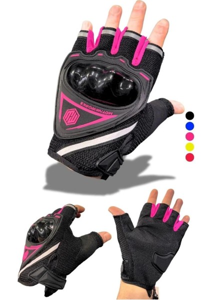 Pembe Kısa Yarım Parmak Kadın Motorsiklet Eldiveni Xl Beden
