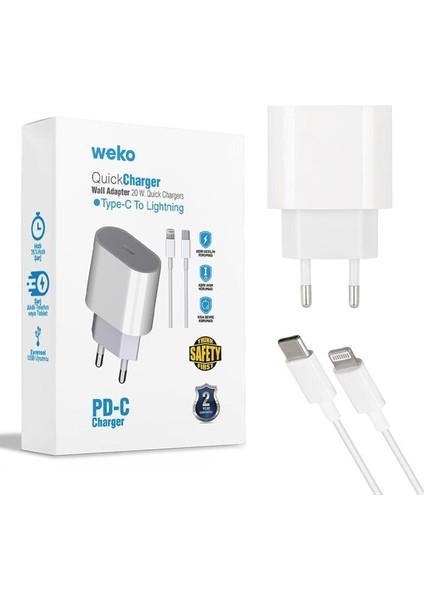 Weko WK-21443 Pd-C 20 Watt Telefon Şarj Adaptörü + Type-C To Kablo