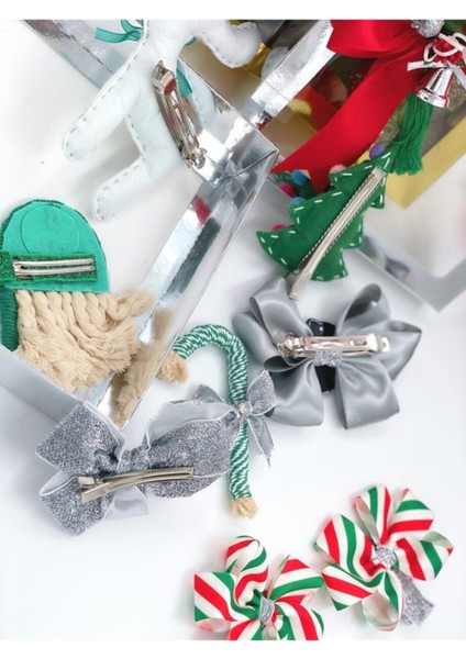 8 Parça Taşlı Yılbaşı Tokası Hediye Seti, Çam Ağacı, Noel Baba, Fiyonk