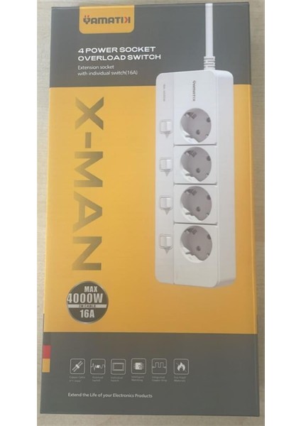Yamatik X-MAN-104 A-Class 4'lü Ayrı Anahtarlı 2 Metre Akım Korumalı Grup Priz 1400 Joule