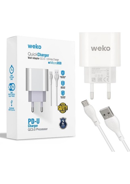 Weko WK-21441 Pdu Qc 3.0 Amper Telefon Şarj Adaptörü + USB Kablo