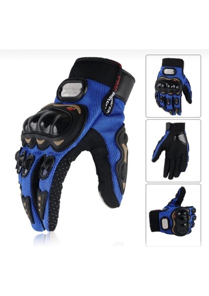 Motosiklet Mavi 3 Mevsim Korumalı Kaymaz Elastik Kumaş Bisiklet Motor Eldiveni L Beden
