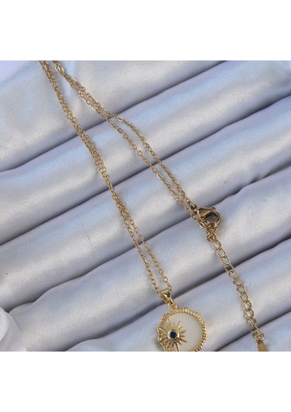 Çelik Altın Renk Zirkon Taşlı Mineli Kutup Yıldızı Kolye