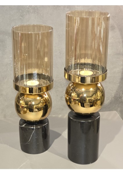 Mermerli Metal Toplu Şamdan 2 Li Set Altın