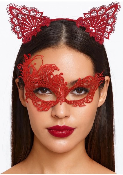 kırmızı dantel maske ve taç seti 1 - kostüm seti