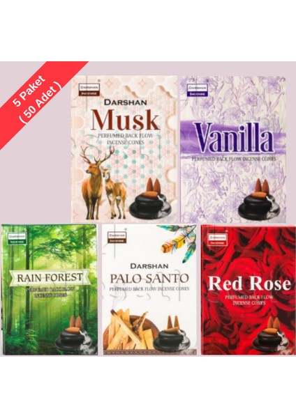 Geri Akışlı (Şelale) Tütsü Konileri - 5'li Mega Set (Musk, Vanilla, Rain Forest, Palo Santo, Red Rose)