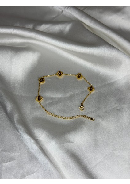 Mini Yonca Gold Çiçek Desenli Zarif Tasarım Bileklik Çelik