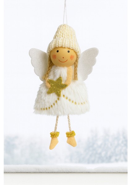 Beyaz Yıldız Tutan Melek Peluş Süs 15 Cm, Noel ve Yılbaşı Dekoru Için Sevimli Figür