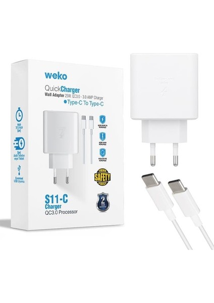 Weko WK-21440 S11-C 25 Watt Telefon Şarj Başlık Adaptörü + Type-C To Type-C Kablo
