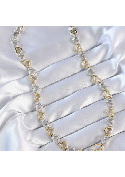 Vip Seri Pirinç Çift Renk Zirkon Taşlı Içi Boş Kalp Tasarımlı Kolye