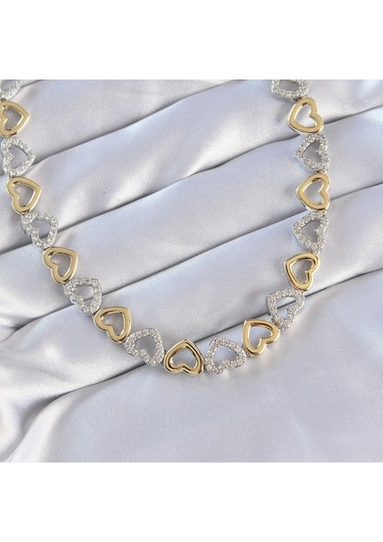 Vip Seri Pirinç Çift Renk Zirkon Taşlı Içi Boş Kalp Tasarımlı Kolye fiyatları