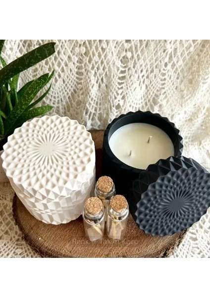2'li Kapaklı Desenli Dekoratif Beton Kalıp Mum- Siyah Beyaz