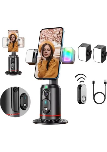 LED Işıklı 360° Dönebilen Akıllı Tripod – Otomatik Yüz Takibi ile Video & Fotoğraf