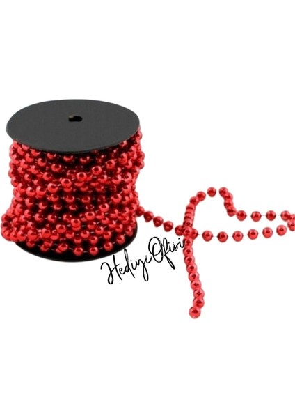 Kırmızı Yılbaşı Zinciri 5 Metre Bakır Malzemeden Incili Çam Ağacı Süsü ve Dekor