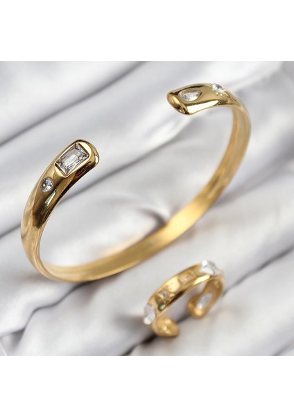 Pirinç Zirkon Taşlı Ayrık Model Gold Renk Bileklik Yüzük Set