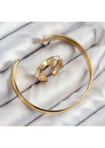 Pirinç Zirkon Taşlı Ayrık Model Gold Renk Bileklik Yüzük Set fiyatları