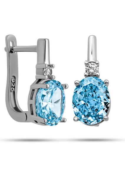 Gümüş Ice Cut Oval Mavi Zirkon Taşlı Kadın Küpe