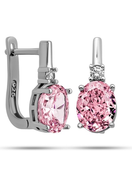 Gümüş Ice Cut Oval Pembe Zirkon Taşlı Kadın Küpe
