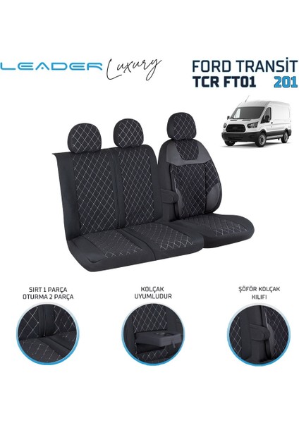 Ford Transit 2013 Sonrası 2+1 Ticari Oto Koltuk Kılıfı Alkantra Siyah Beyaz Nakış