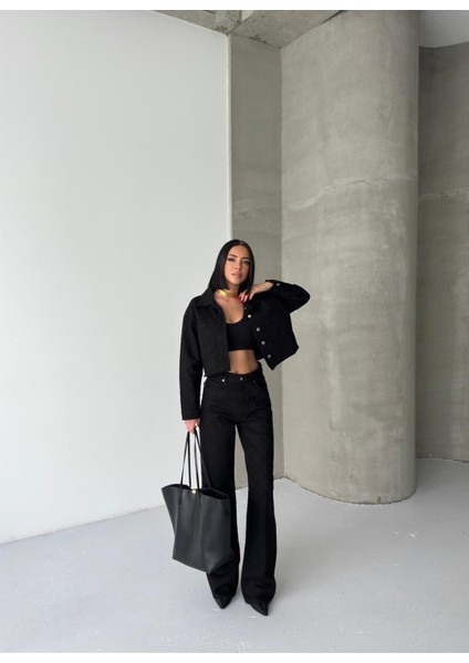 Siyah Baklava Desen Detaylı Kot Ceket ve Kot Pantolon Takım