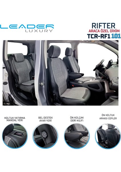 Peugeot Rifter ile Uyumlu 3 Tekli Lüx Keten Deri Oto Koltuk Kılıfı Birebir Araca Özel Ön Arka Takım Füme Scr