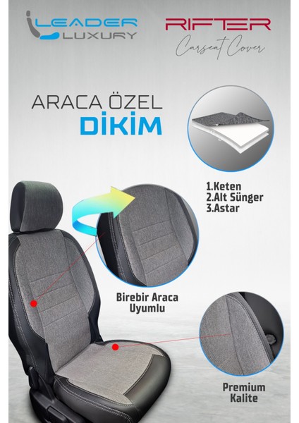 Peugeot Rifter ile Uyumlu 3 Tekli Lüx Keten Deri Oto Koltuk Kılıfı Birebir Araca Özel Ön Arka Takım Füme Scr fiyatları
