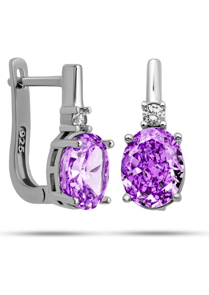 Gümüş Ice Cut Oval Mor Zirkon Taşlı Kadın Küpe