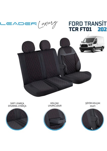 Ford Transit 2013 Sonrası 2+1 Ticari Oto Koltuk Kılıfı Alkantra Siyah Kırmızı Nakış