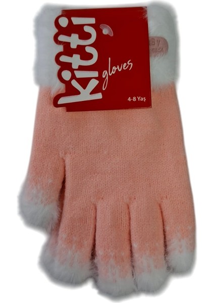 Spteks Kitti 4-8 Yaş Kız Çocuk Açık Pembe Arma Figürlü Kışlık Örme Eldiven modelleri