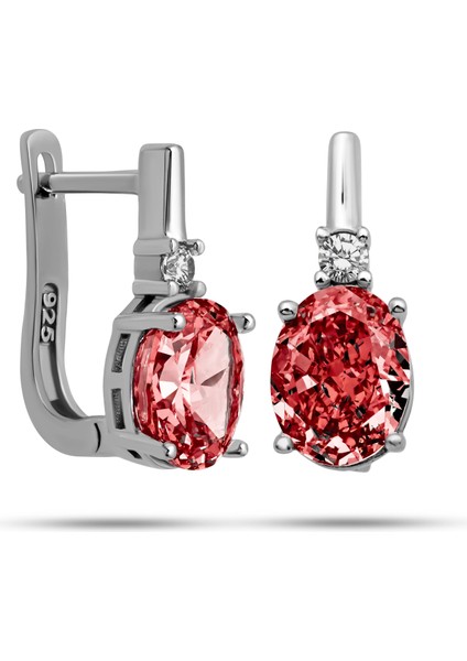 Gümüş Ice Cut Oval Kırmızı Zirkon Taşlı Kadın Küpe