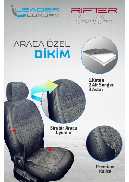 Peugeot Rifter ile Uyumlu 3 Tekli Lüx Keten Deri Oto Koltuk Kılıfı Birebir Araca Özel Ön Arka Takım Siyah Scr fiyatları