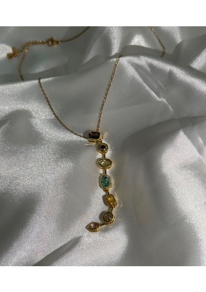 Y Kolye 7 Taşlı Çelik Gold