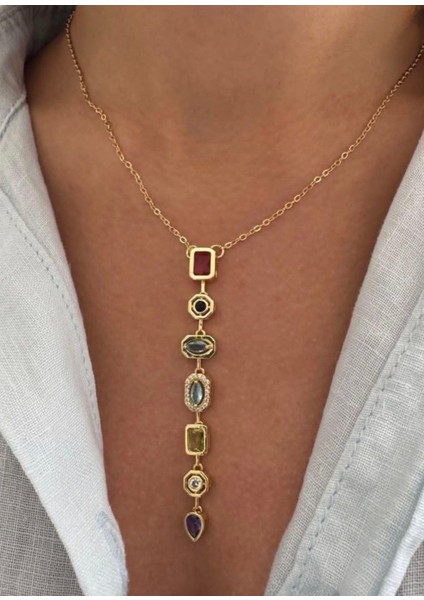 Y Kolye 7 Taşlı Çelik Gold fiyatları