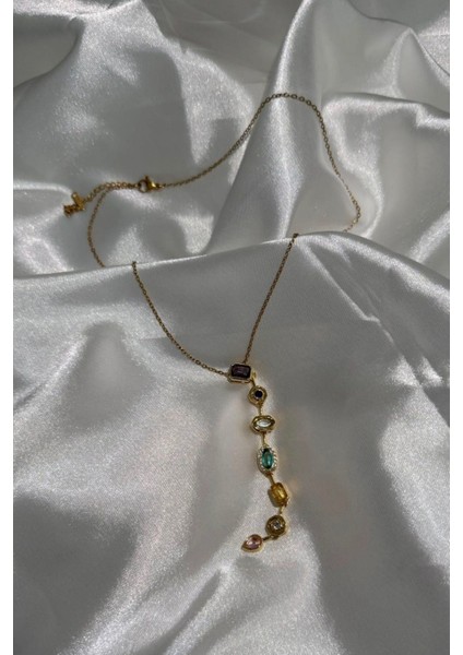 Y Kolye 7 Taşlı Çelik Gold modelleri