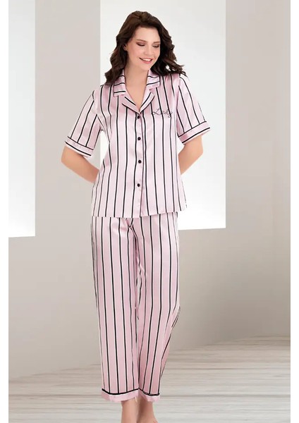 Lady Kısa Kol Siyah Çizgili Saten Pijama Takım fiyatları