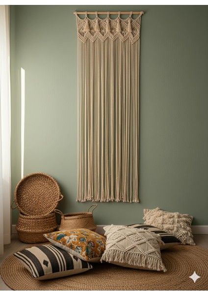 El Örgüsü Çoklu Püsküllü Makrome Perde Kapı ve Duvar Süsü