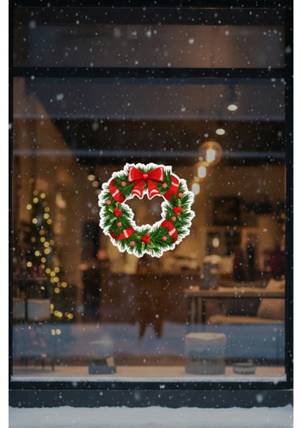 Yılbaşı Kapı Çelengi Sticker, Renkli ve Şık Dekorasyon, Vitrin ve Cam Için