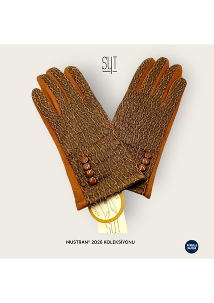 Syt Kadın Kışlık Dokunmatik Eldiven - Desenli Suni Deri/Kumaş Şık Tokalı & Düğmeli Modeller