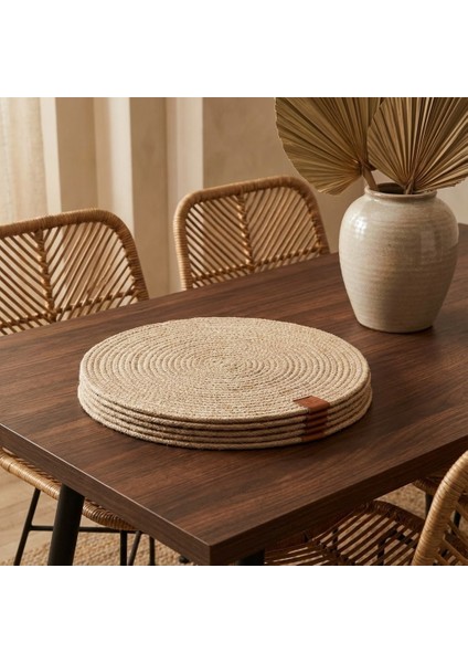 6 Adet Hasır Bej Yuvarlak Jüt Görünümlü Amerikan Servis - Lux Örgü Supla Seti (32CM)