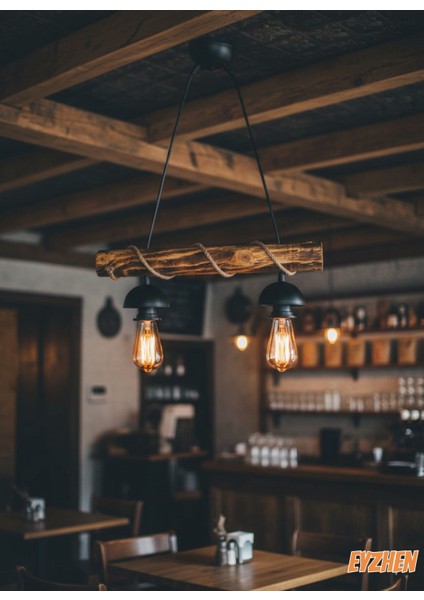 Doğal Ahşap Avize, El Yapımı Halat Detaylı 2 Li Eskitme Tasarım Kafe Ev Balkon Ofis Dekoru