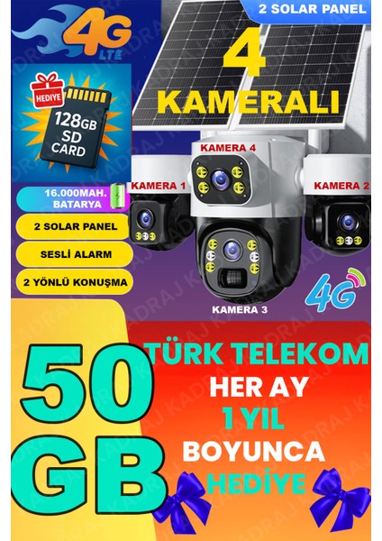 X34B – 4 Kameralı, 4g Sim Kartlı, 2 Solar Panel Destekli, 50GB Türk Telekom M2M Hat Hediyeli